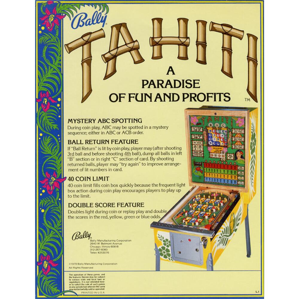 Tahiti Pinball FLYER Original 1979 NOS Bingo Game Artwork Sheet Tropical